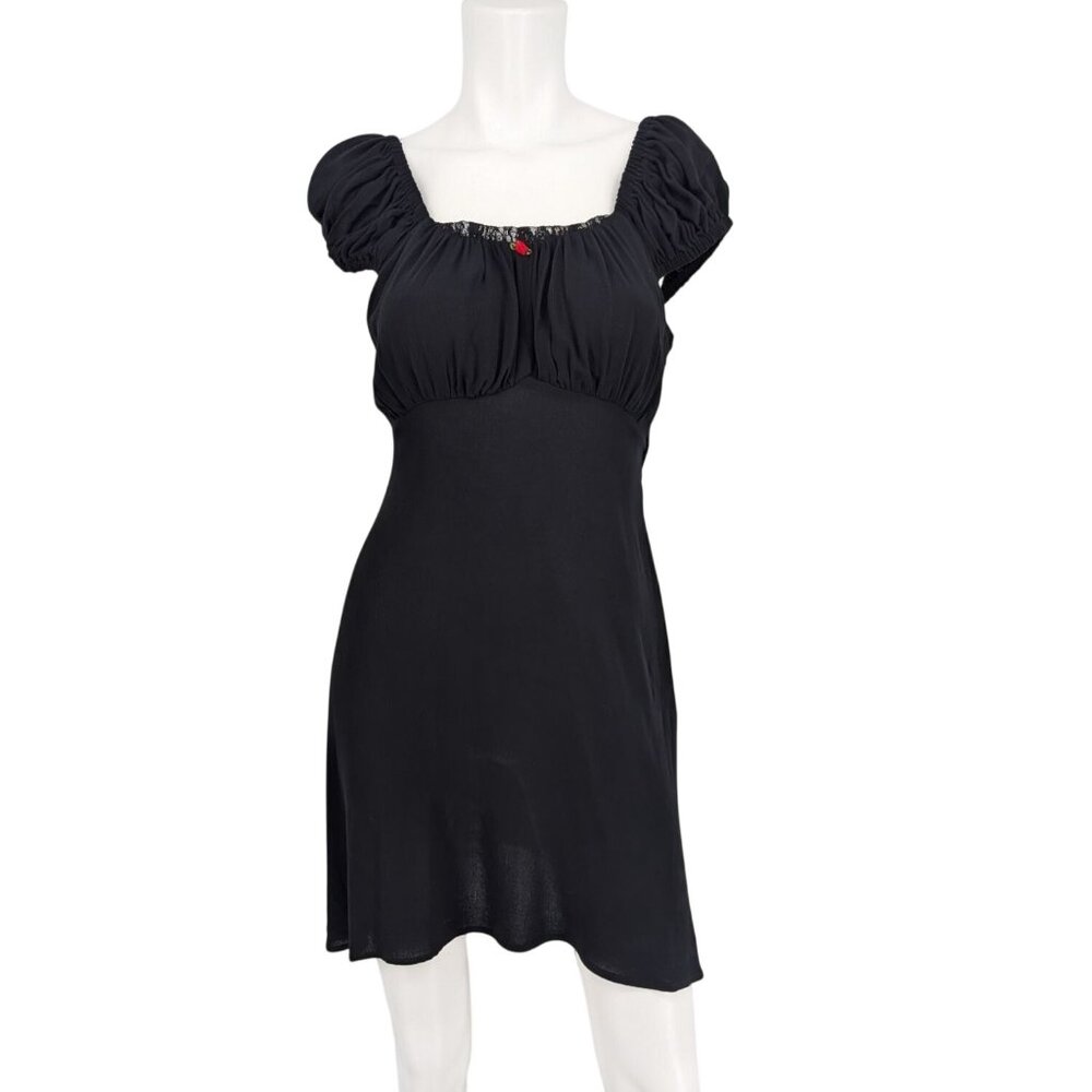 Black Mini Babydoll Dress Puff Sleeve Coquette Goth Romantic Milkmaid Y2K Size S
